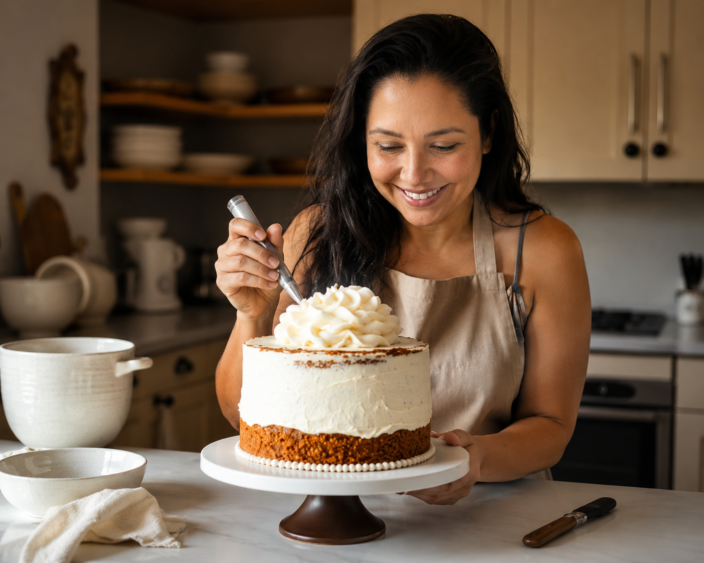The baker behind Hula Honey Bakery decorating a cake