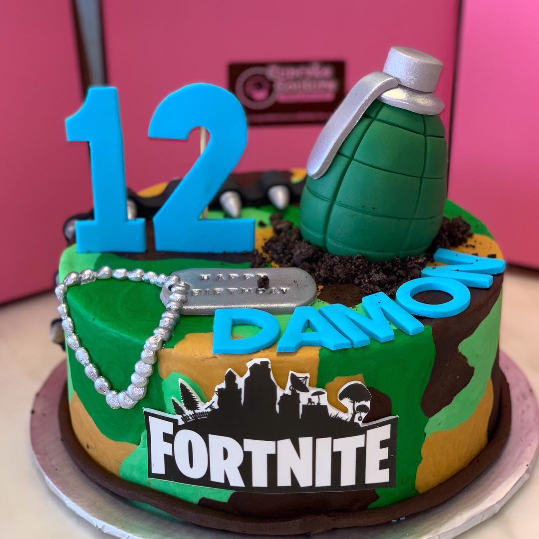 Fortnite camo birthday cake with grenade